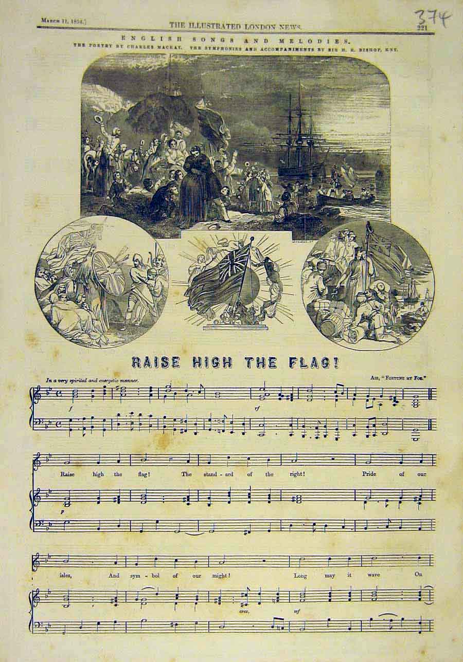 Old Antique Print 1854 English Songs Melody Raise-Flag Bishop Music-Score 19th