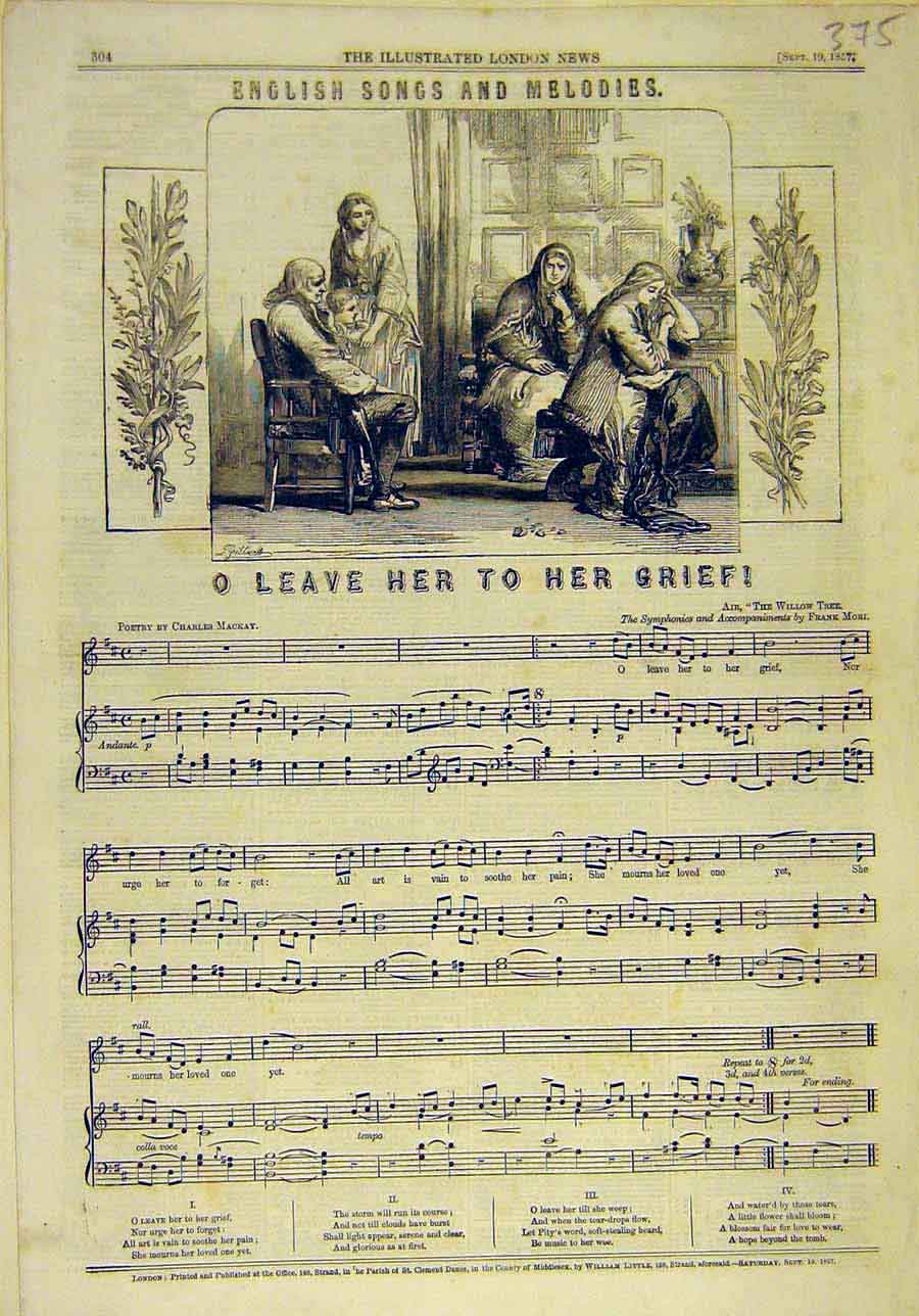 Original Old Antique Print 1857 English Songs Melodies Music-Score Grief Song
