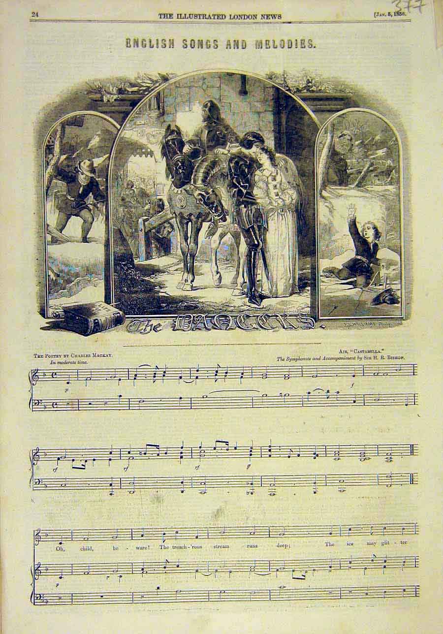 Original Old Antique Print 1856 English Melodies Songs The-Dangers Music-Score