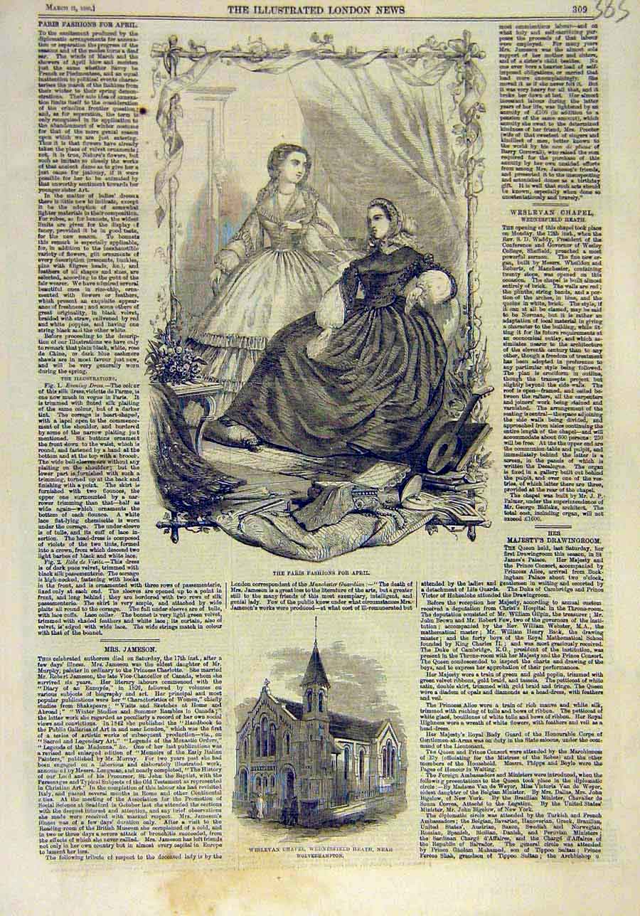Old Antique Print 1860 Paris Fashion Ladies Wesleyan Chapel Wolverhampton 19th