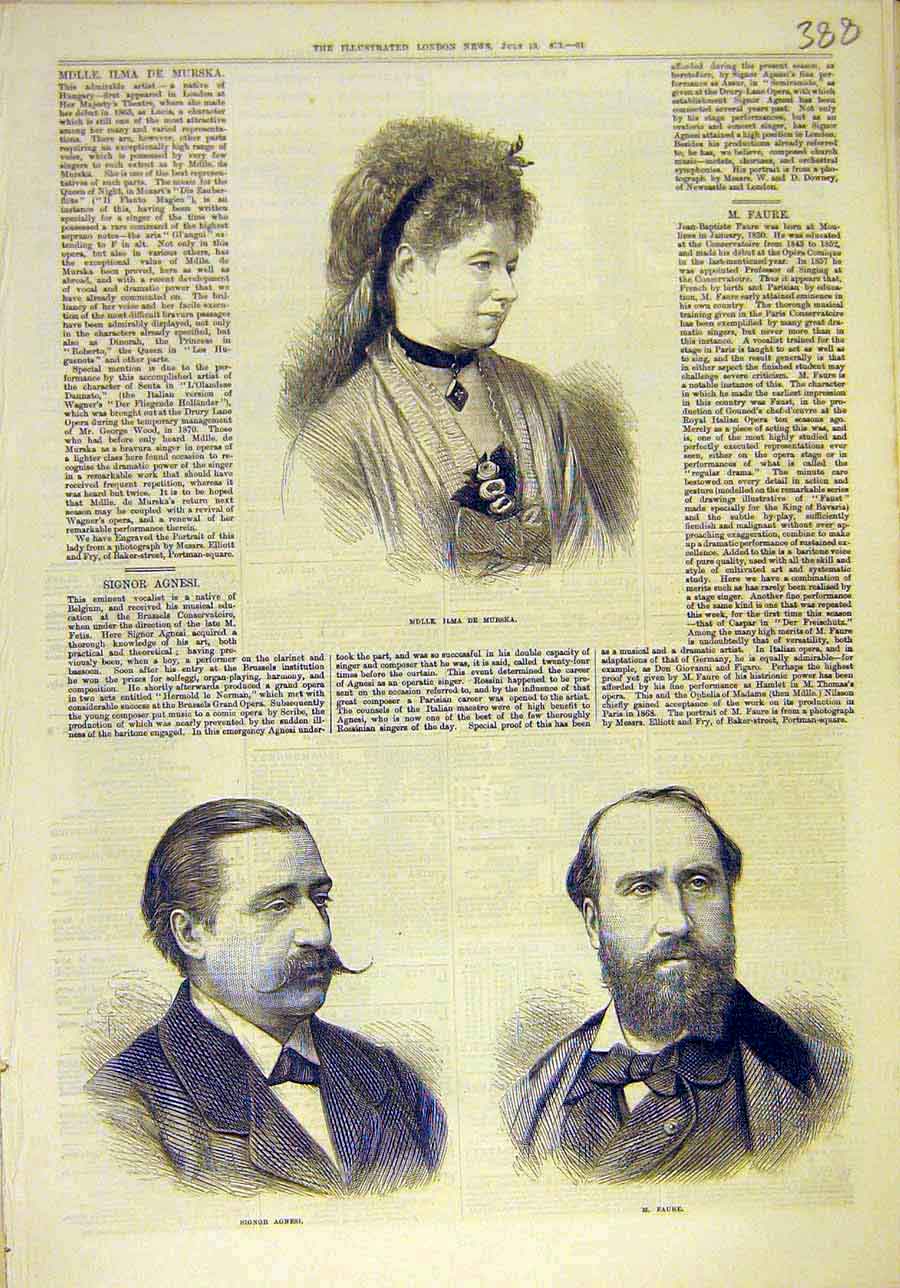 Original Old Antique Print 1873 Murska Artist Agnesi Vocalist Faure Opera 19th