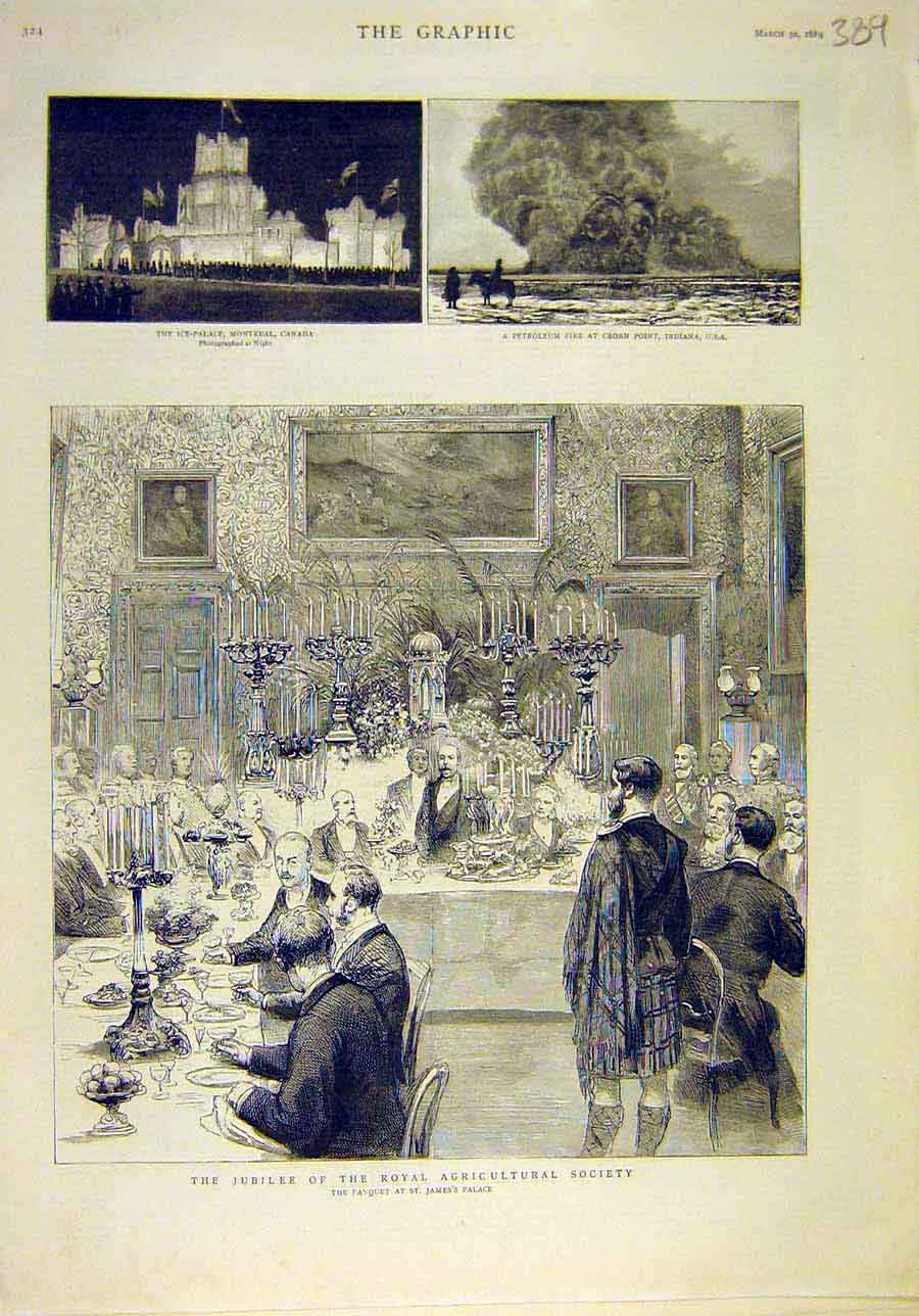 Old Antique Print 1889 Canada Ice-Palace Fire Petroleum Royal Agriculture 19th