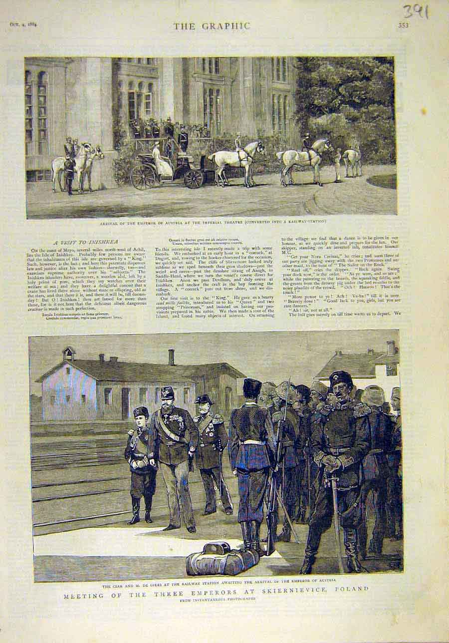 Old Antique Print 1884 Emperor Imperial Theatre Skiernievice Poland Czar 19th