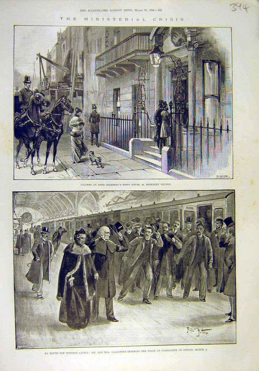 Old Antique Print 1894 Ministerial Crisis Roseberry Gladstone Paddington 19th