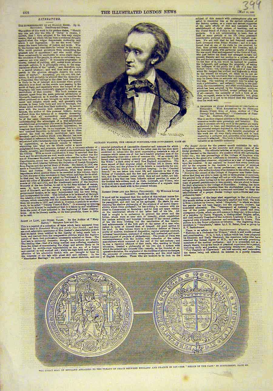 Old Antique Print 1860 Wagner Portrait Composer Seal England Treaty Peace 19th
