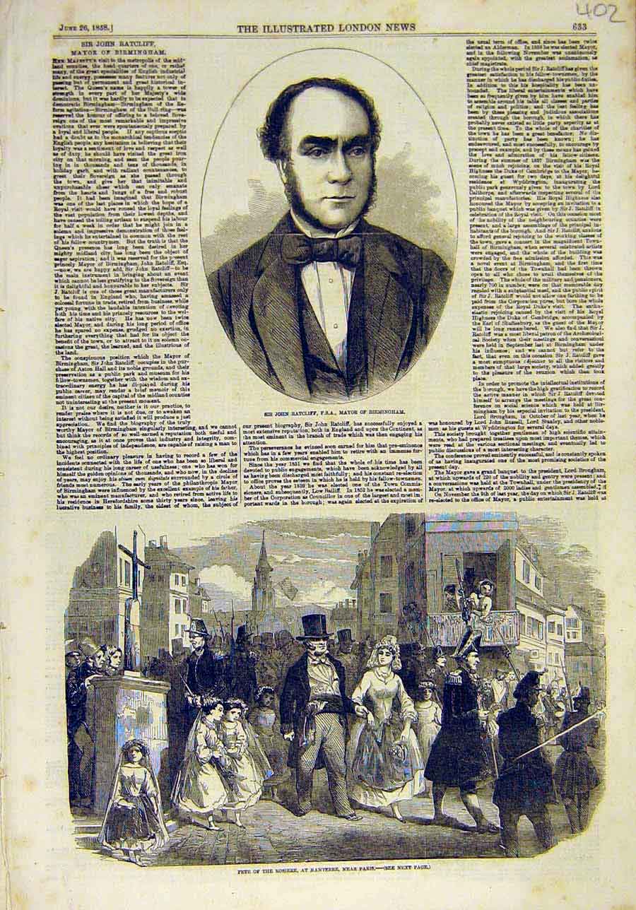 Original Old Antique Print 1858 Portrait Ratcliff Mayor Birmingham Fete Nanterre
