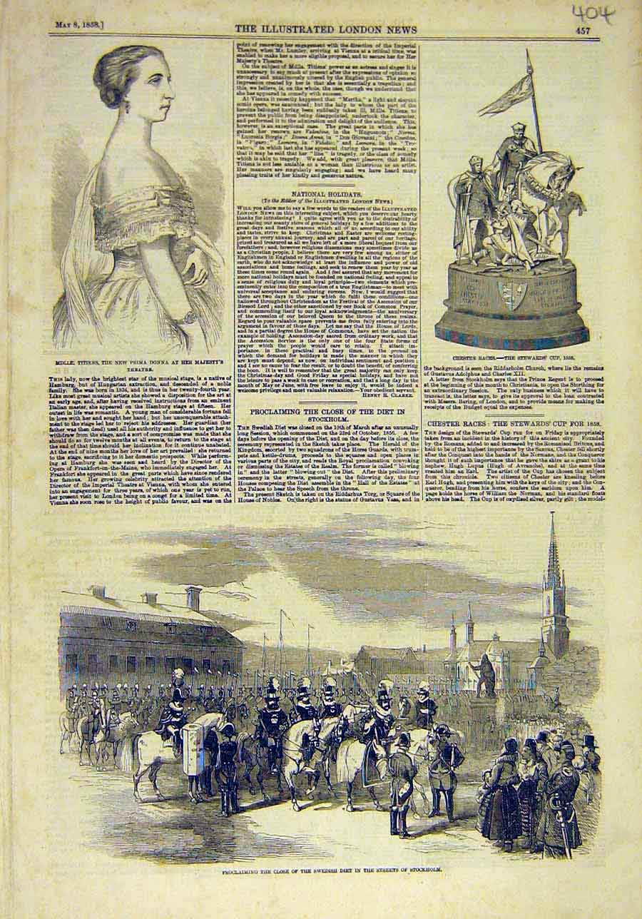 Original Old Antique Print 1858 Titiens Prima Dona Chester Races Swedish Diet