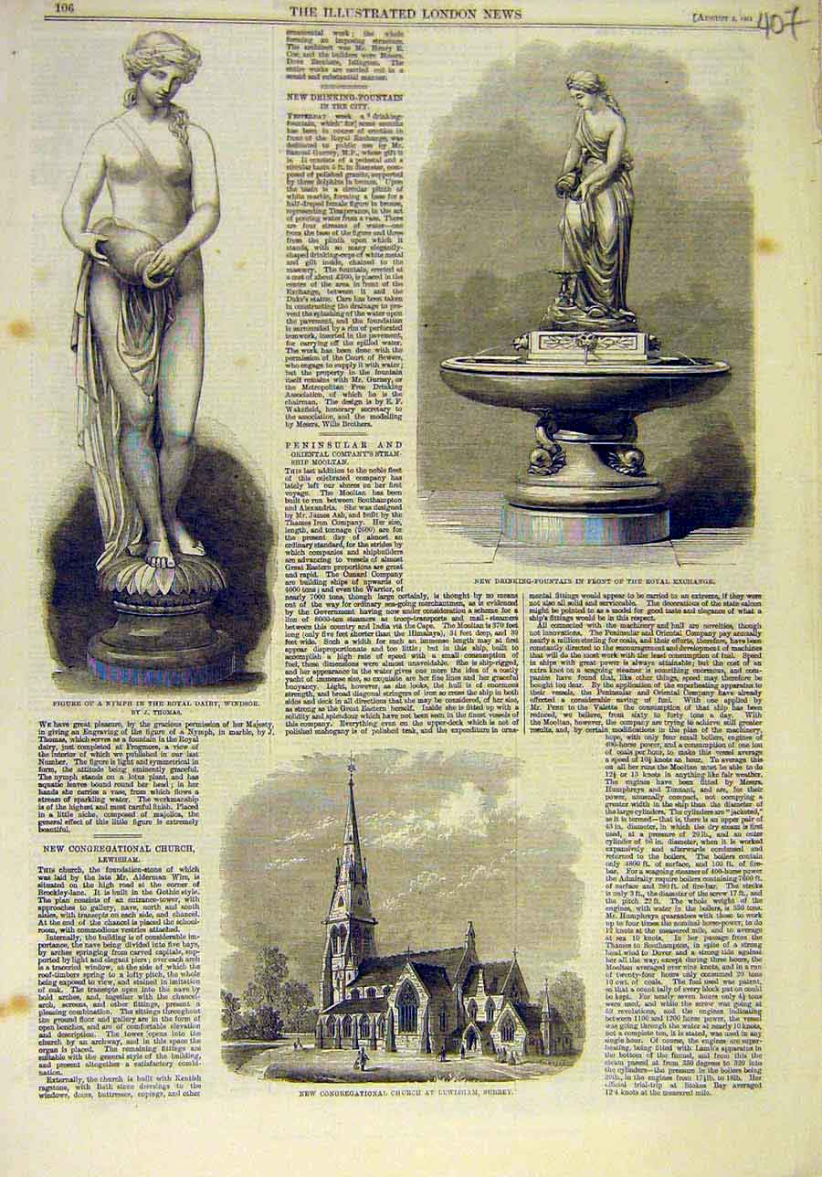Original Old Antique Print 1861 Statue Nymph Fountain Royal Church Lewisham 19th