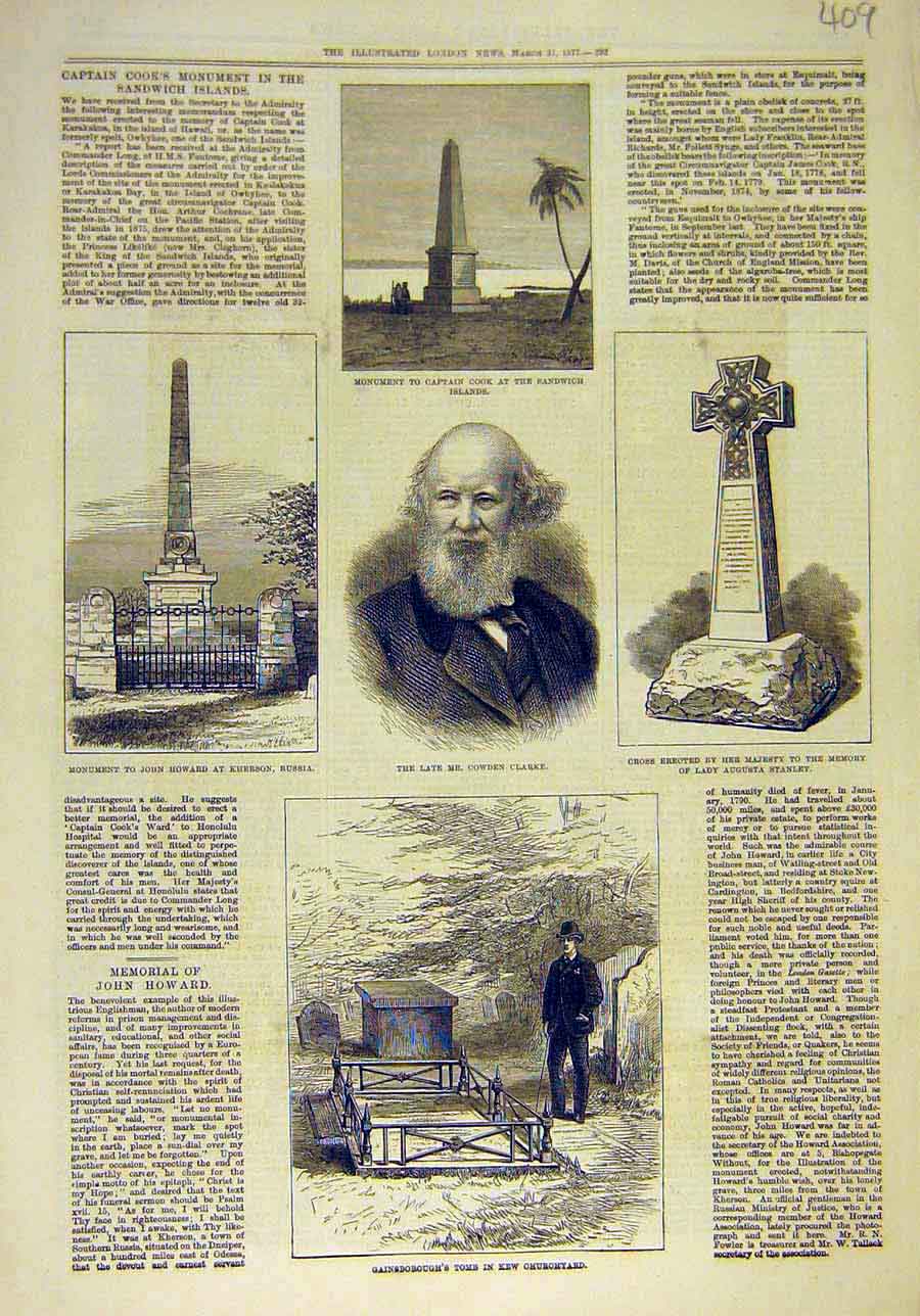 Original Old Antique Print 1877 Monument Cook Clarke Gainsborough Howard Stanley