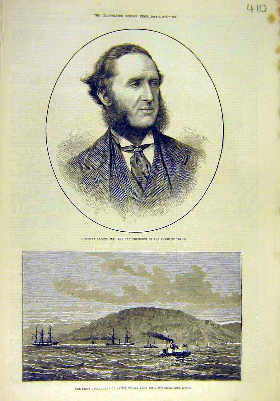 Original Old Antique Print 1878 Portrait Sandon Board-Trade Suez-Roads Troops