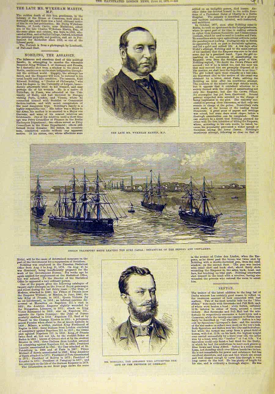 Old Antique Print 1878 Martin Portrait Nobiling Assasin Indian Ship Suez 19th