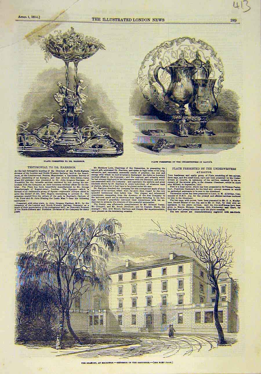 Original Old Antique Print 1854 Plate Harrison Lloyd'S Gratory Brompton Building