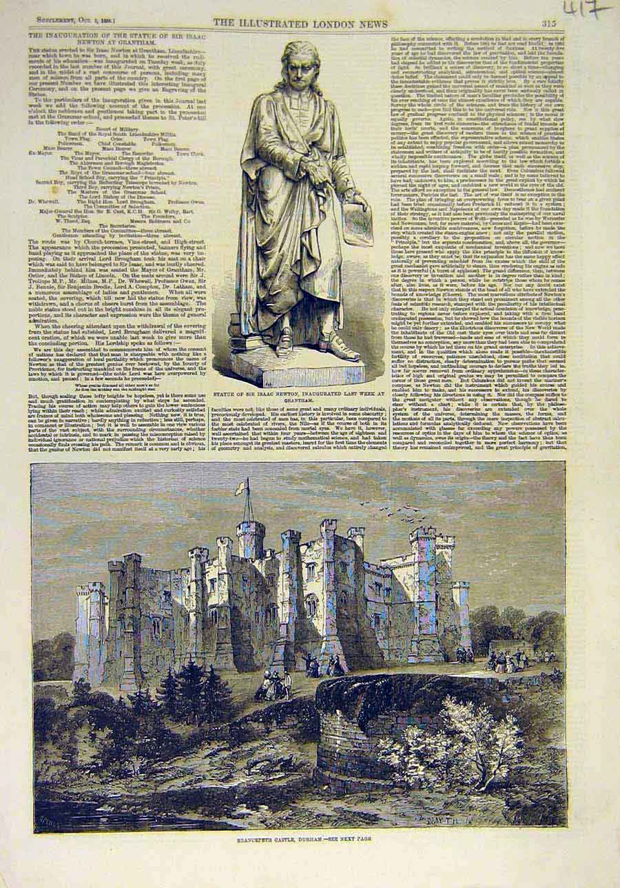 Original Old Antique Print 1858 Staue Newton Grantham Brancepeth Castle Durham