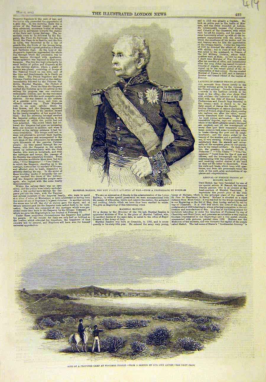 Original Old Antique Print 1859 Portrait Randon War Minister Woolmer Forest Camp