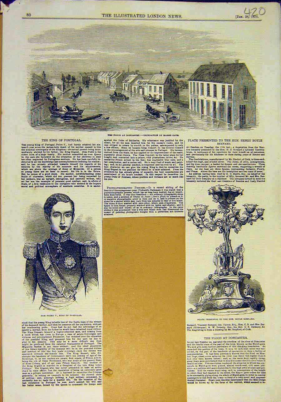 Original Old Antique Print 1854 Flood Doncaster King Portugal Bernard Plate 19th