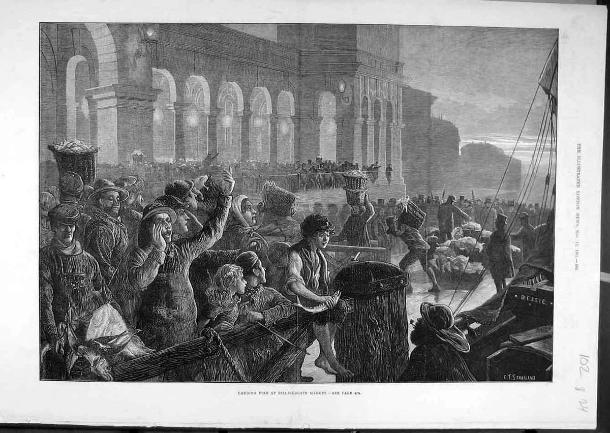 Original Old Antique Print 1881 Fish Billingsgate Market Sellers Fishermen 19th