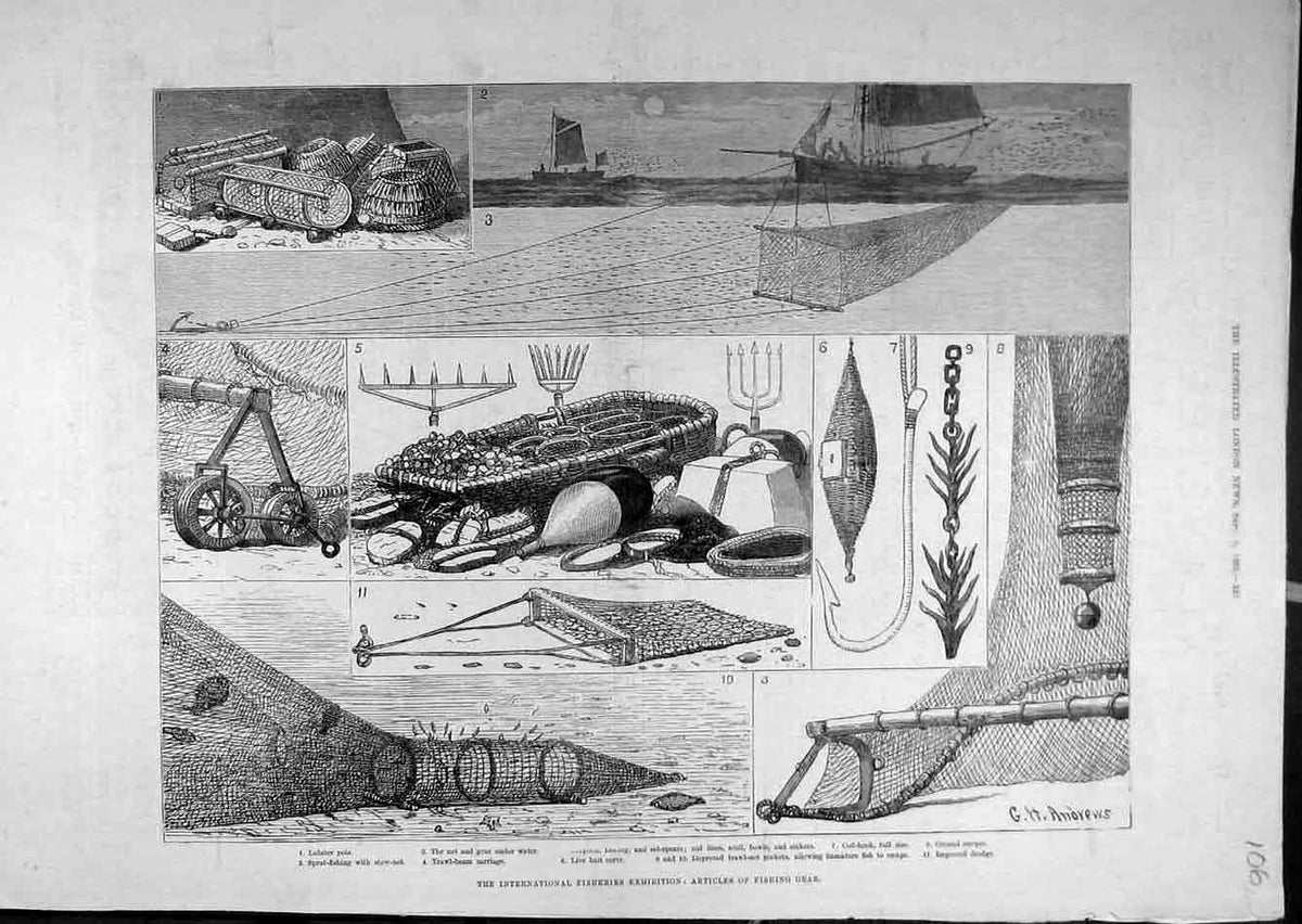 Original Old Antique Print 1883 Fisheries Exhibition Fishing Gear Net Pots Hook