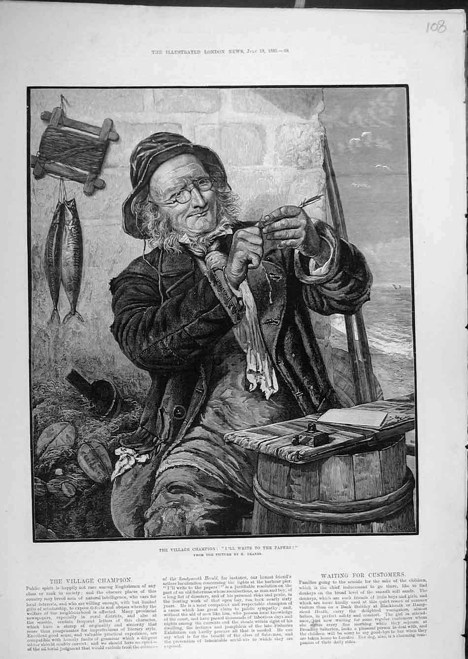 Original Old Antique Print 1885 Village Champion Write-Papers Fisherman Deanes