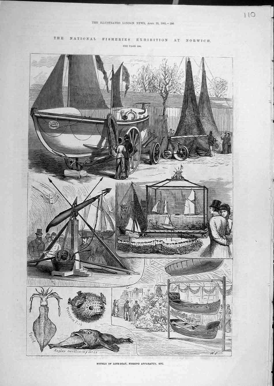 Original Old Antique Print 1881 Fisheries Exhibition Norwich Life-Boat Fishing