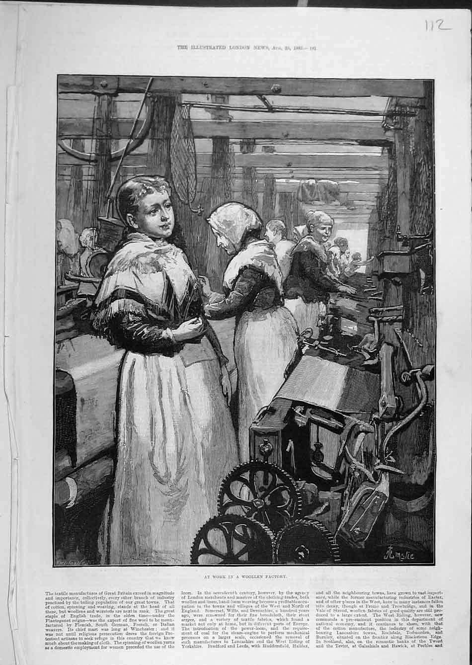 Original Old Antique Print 1883 Woolen Factory Workers Ladies Industry Victorian
