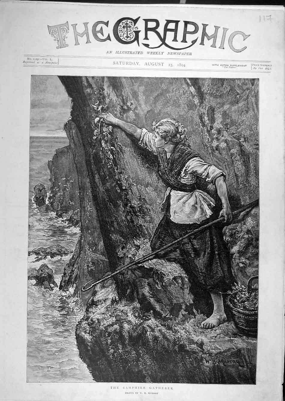 Old Antique Print 1894 Samphire Gatherer Murray Girl Lady Sea-Side Cliff 19th