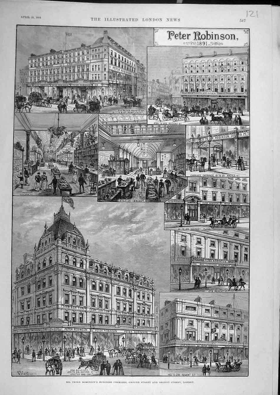 Original Old Antique Print 1891 Robinson Business Oxford Regent Street London