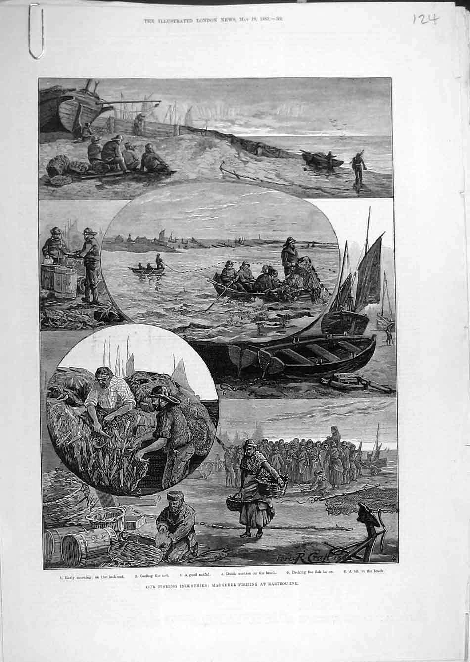 Original Old Antique Print 1883 Fishing Industry Mackerel Eastbourne Fishermen