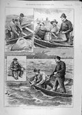 Original Old Antique Print 1891 Fishermen Spiller Fihsing Gaff Boat Victorian