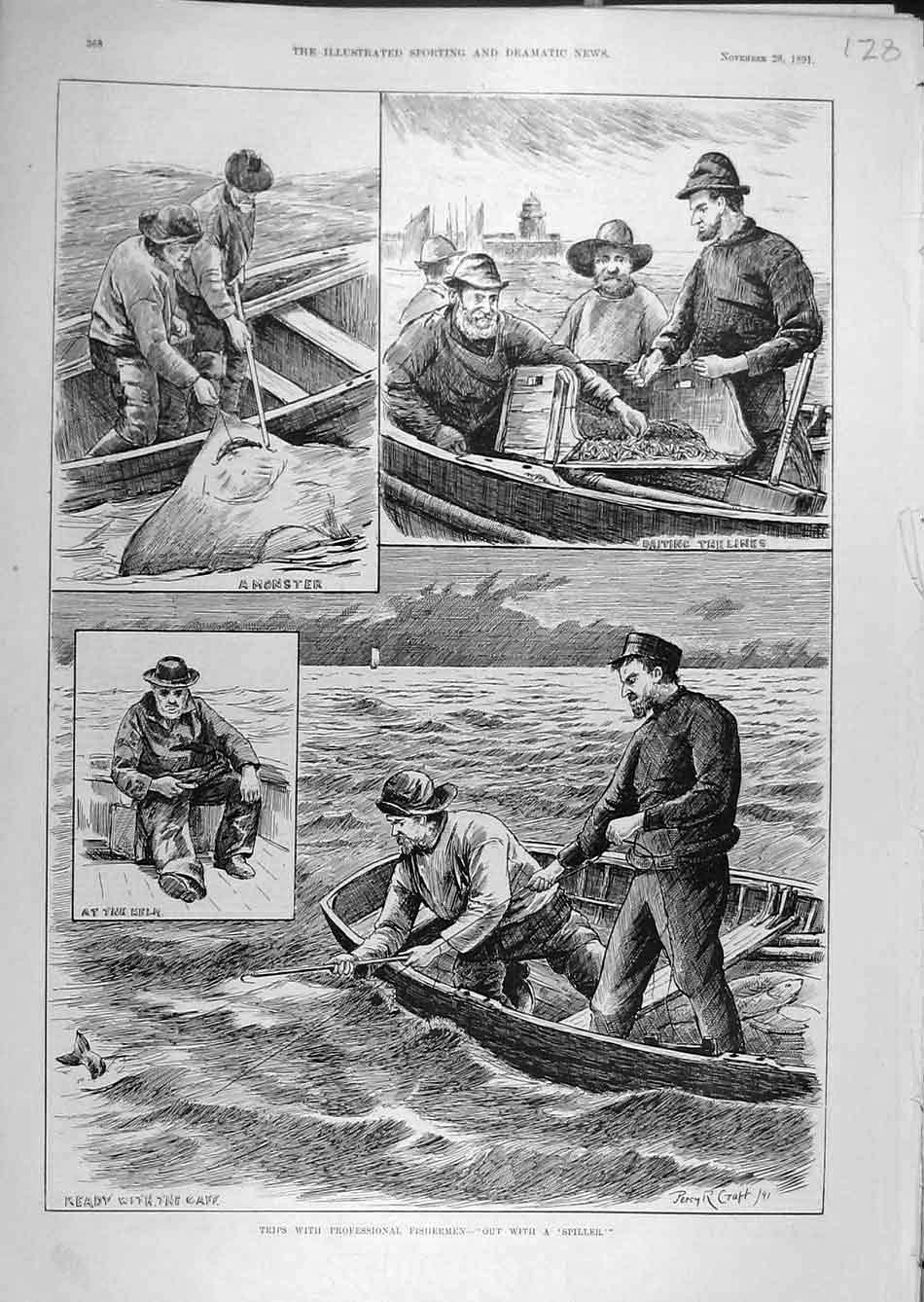 Original Old Antique Print 1891 Fishermen Spiller Fihsing Gaff Boat Victorian