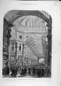 Original Old Antique Print 1881 Leadenhall Market Building People Crowd 19th