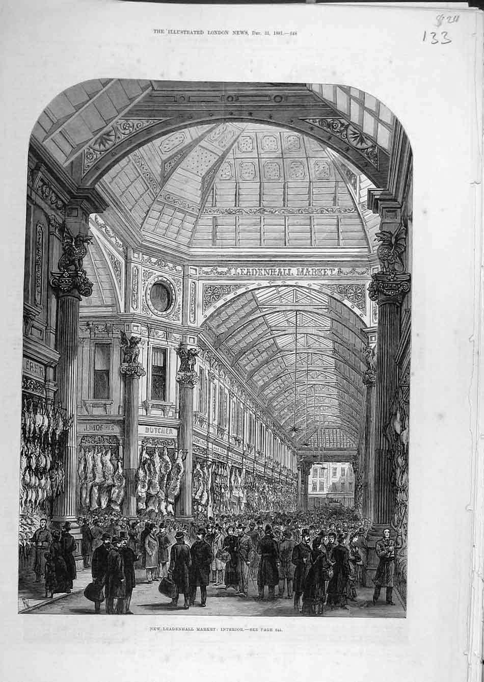 Original Old Antique Print 1881 Leadenhall Market Building People Crowd 19th