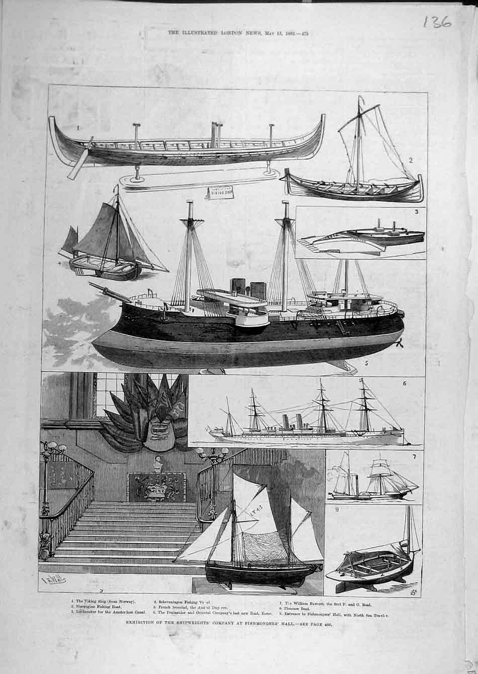 Original Old Antique Print 1882 Shipwrights Company Fishmonger Hall Boats Ships