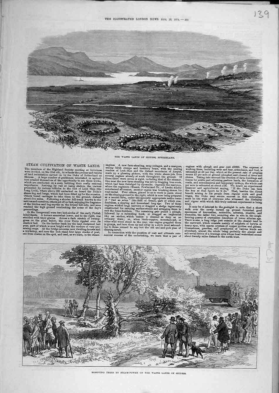Original Old Antique Print 1874 Shiness Suhterland Waste-Lands Steam-Power Trees