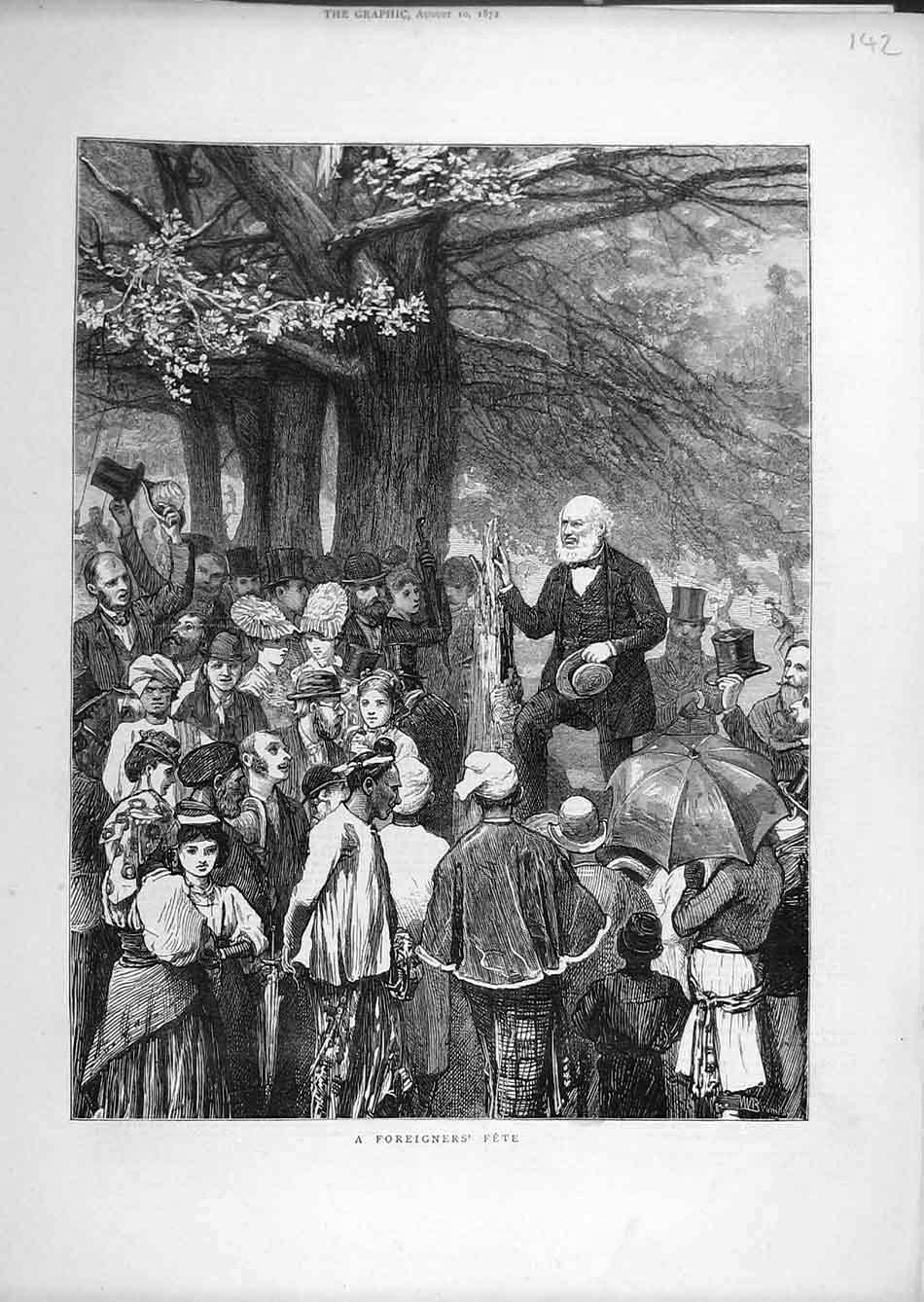Original Old Antique Print 1872 Foreigner Fete People Fine Art 19th
