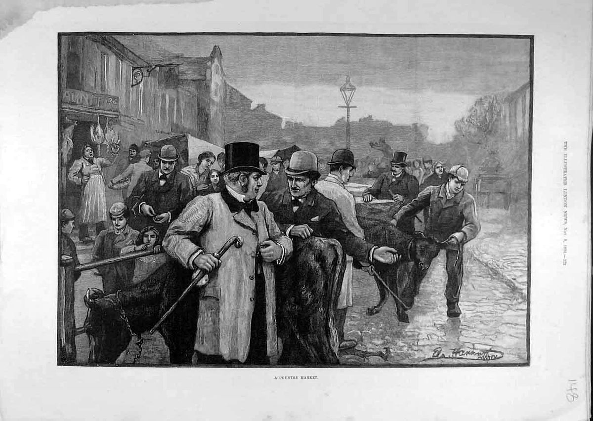 Original Old Antique Print 1894 Country Market Farmers People Animals Victorian
