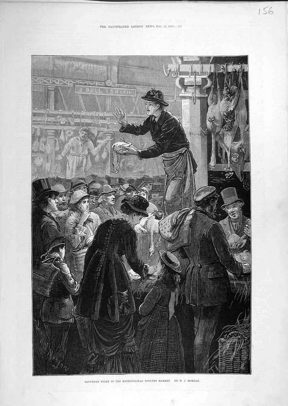 Original Old Antique Print 1878 Metropolitan Poultry Market Morgan People 19th