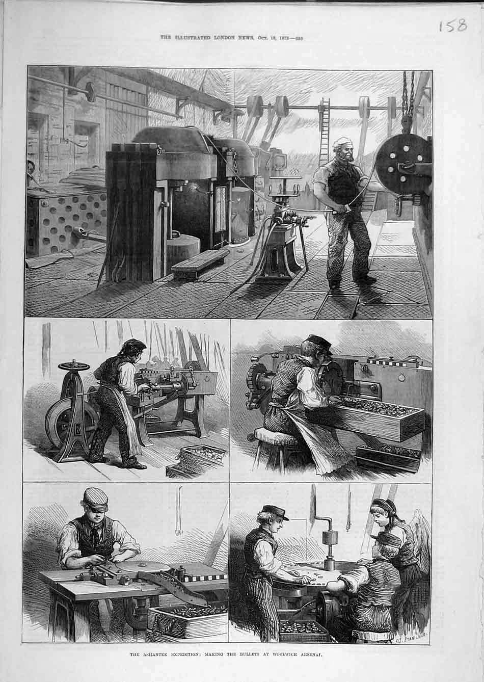 Original Old Antique Print 1873 Ashantee Expedition Bullets Woolwich Arsenal
