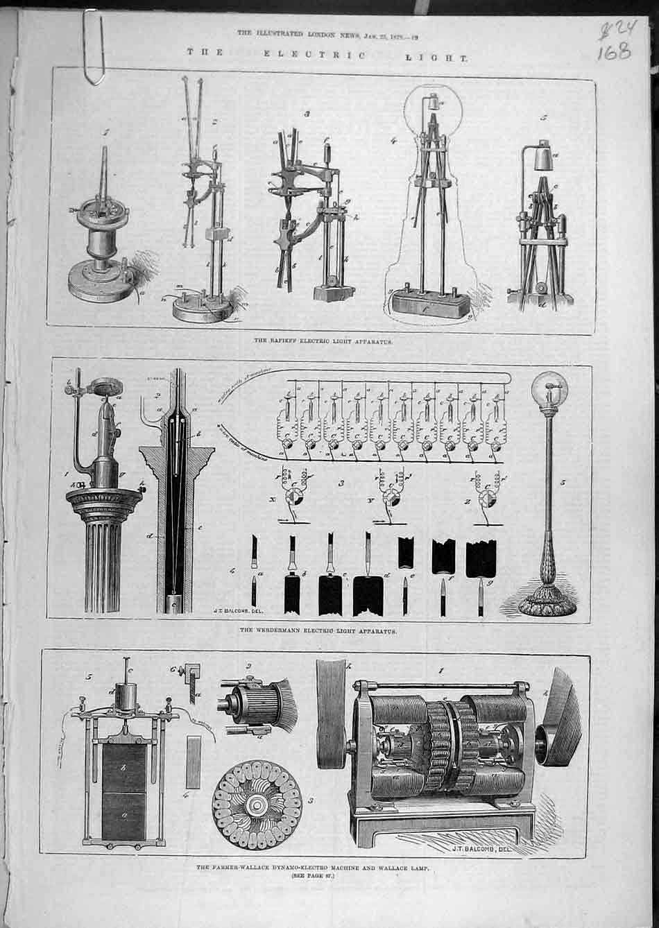 Original Old Antique Print 1879 Electric Light Rapieff Werdermann Farmer-Wallace
