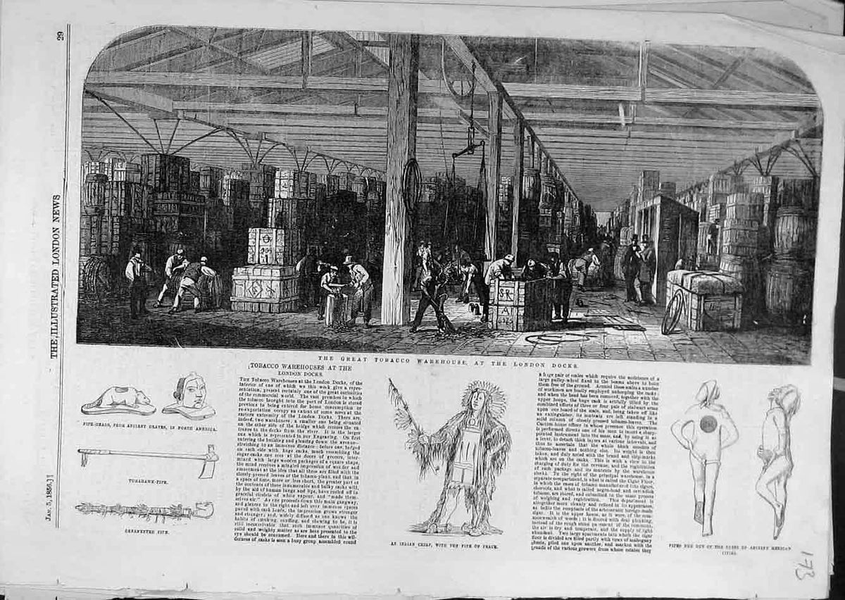 Original Old Antique Print 1858 Tobacco Warehouse London Docks Pipe Pipes 19th