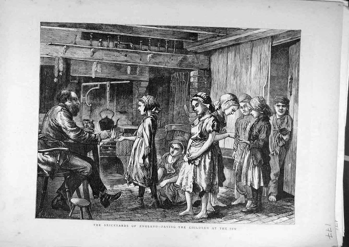 Original Old Antique Print 1871 Brickyards England Paying Children Inn Victorian