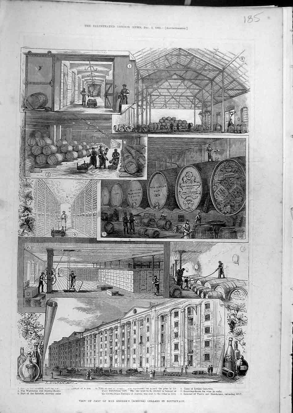 Original Old Antique Print 1882 Max-Greger Cellars Southwalk Building Warehouse