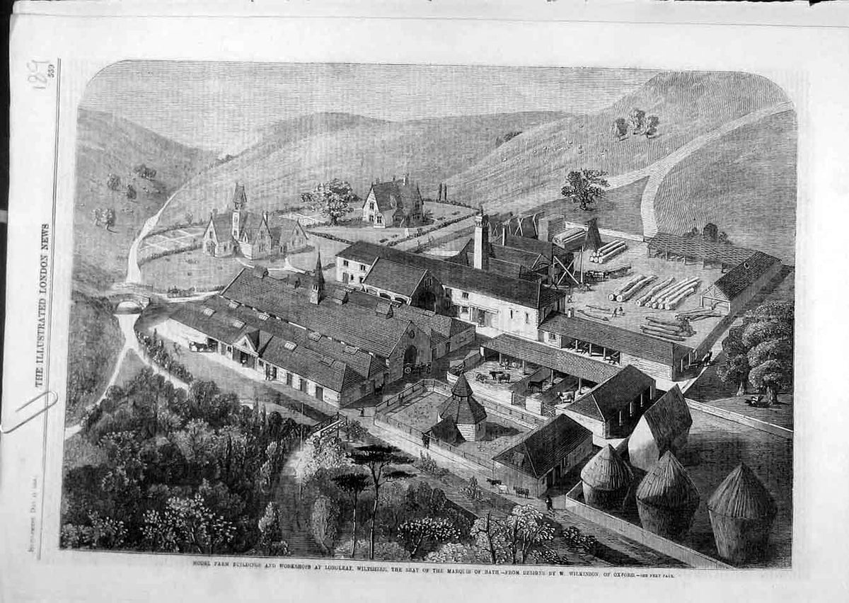 Old Antique Print 1859 Farm Building Workshops Longleat Wilkinson Design 19th