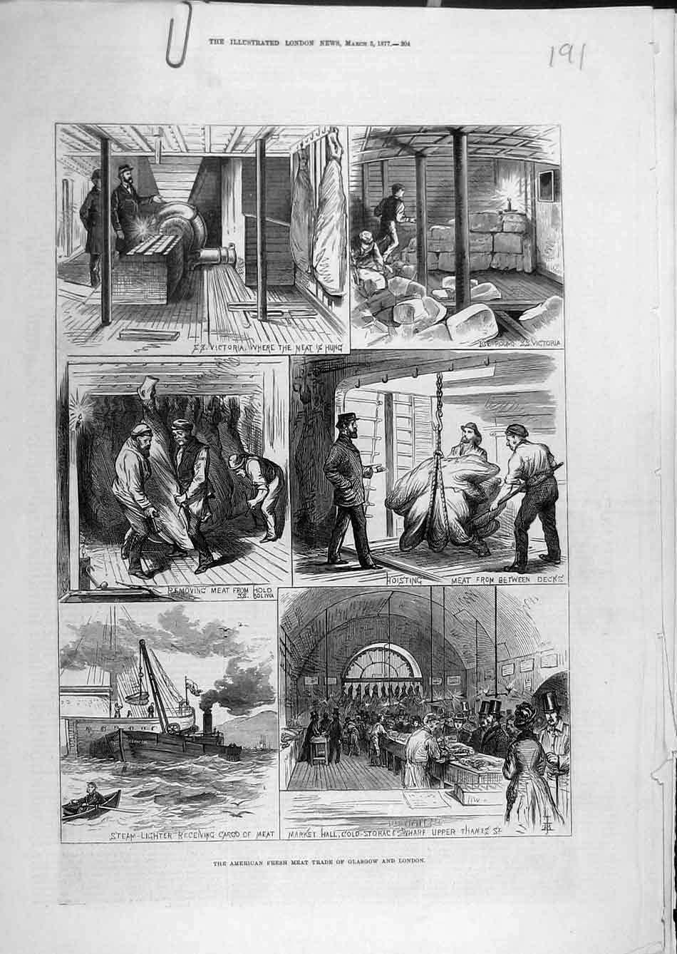 Original Old Antique Print 1877 American Fresh-Meat Trade Glasgow London Market