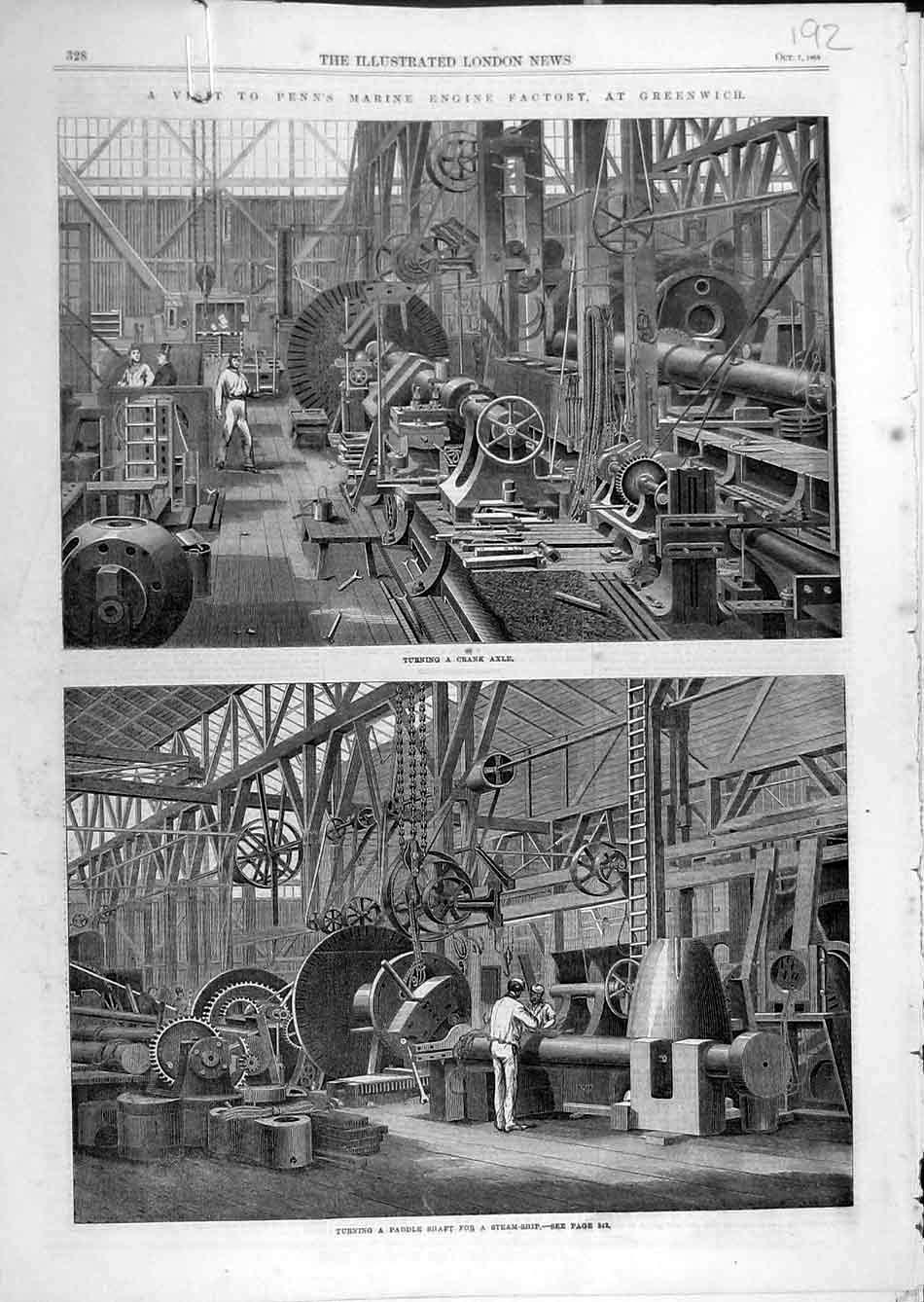 Original Old Antique Print 1865 Penn Marine Engine Factory Greenwich Steam-Ship