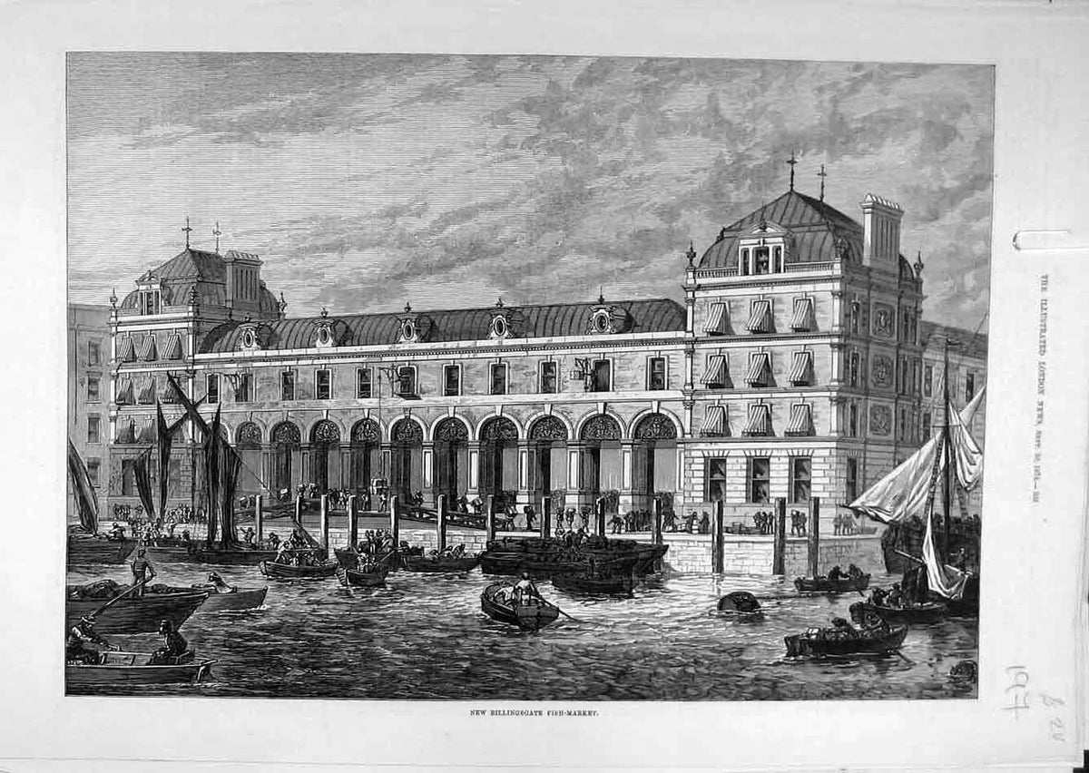 Original Old Antique Print 1876 Building Billingsgate Fish-Market Dock Victorian