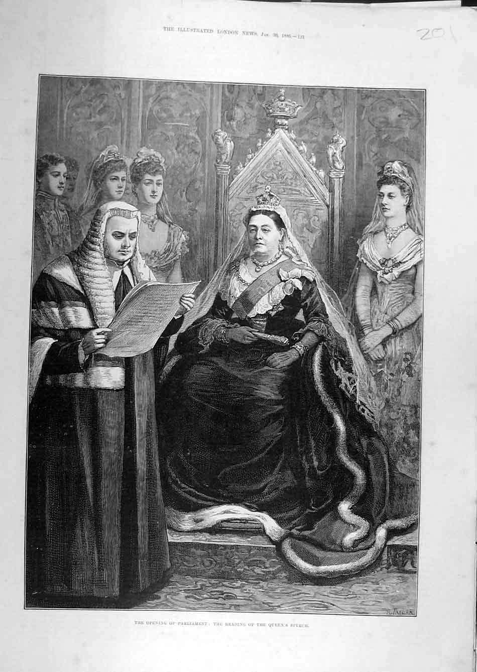 Original Old Antique Print 1886 Parliament Opening Queen Speech Portrait 19th