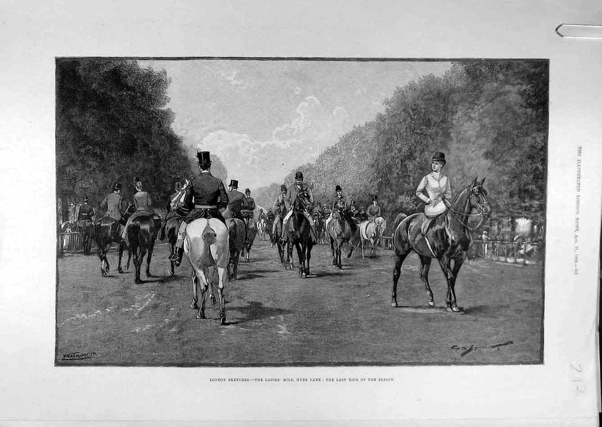 Original Old Antique Print 1894 London Sketches Ladies-Mile Hyde Park Riders