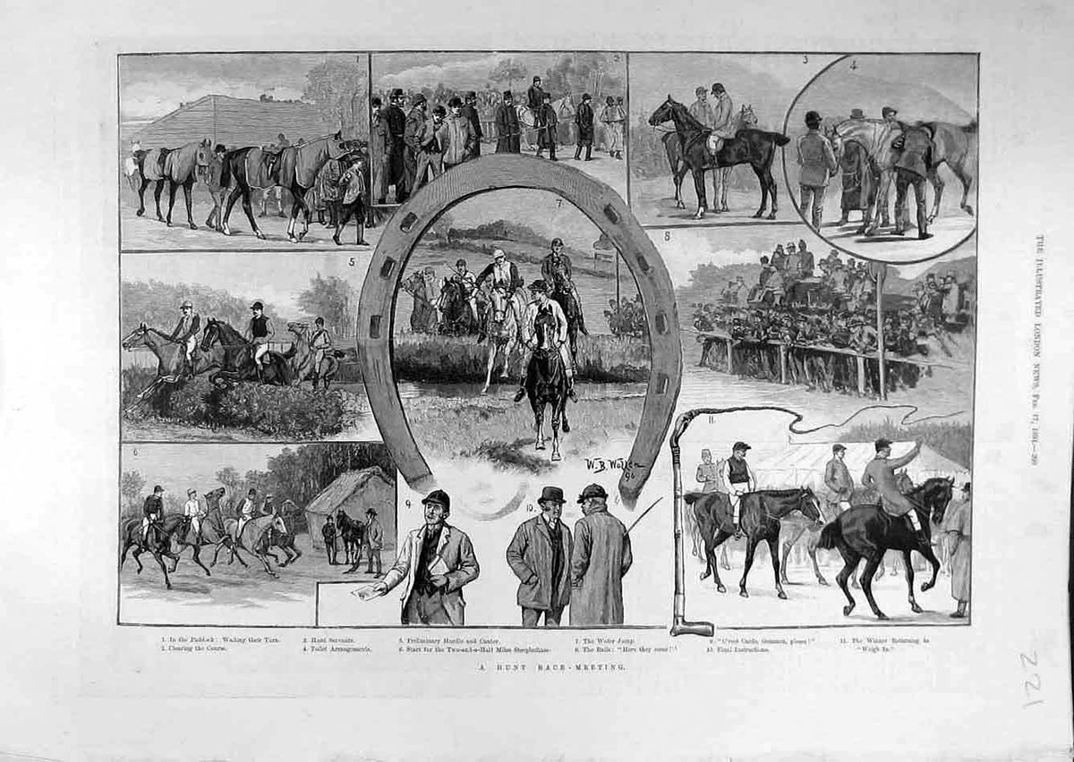 Original Old Antique Print 1894 Hunt Race-Meeting Steeplechase Riders Sketches