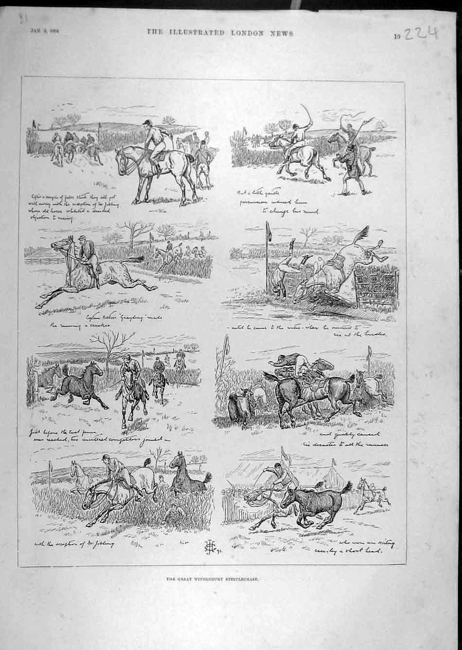 Old Antique Print 1894 Great Windlebury Steeplechase Sketches Horse Rider 19th