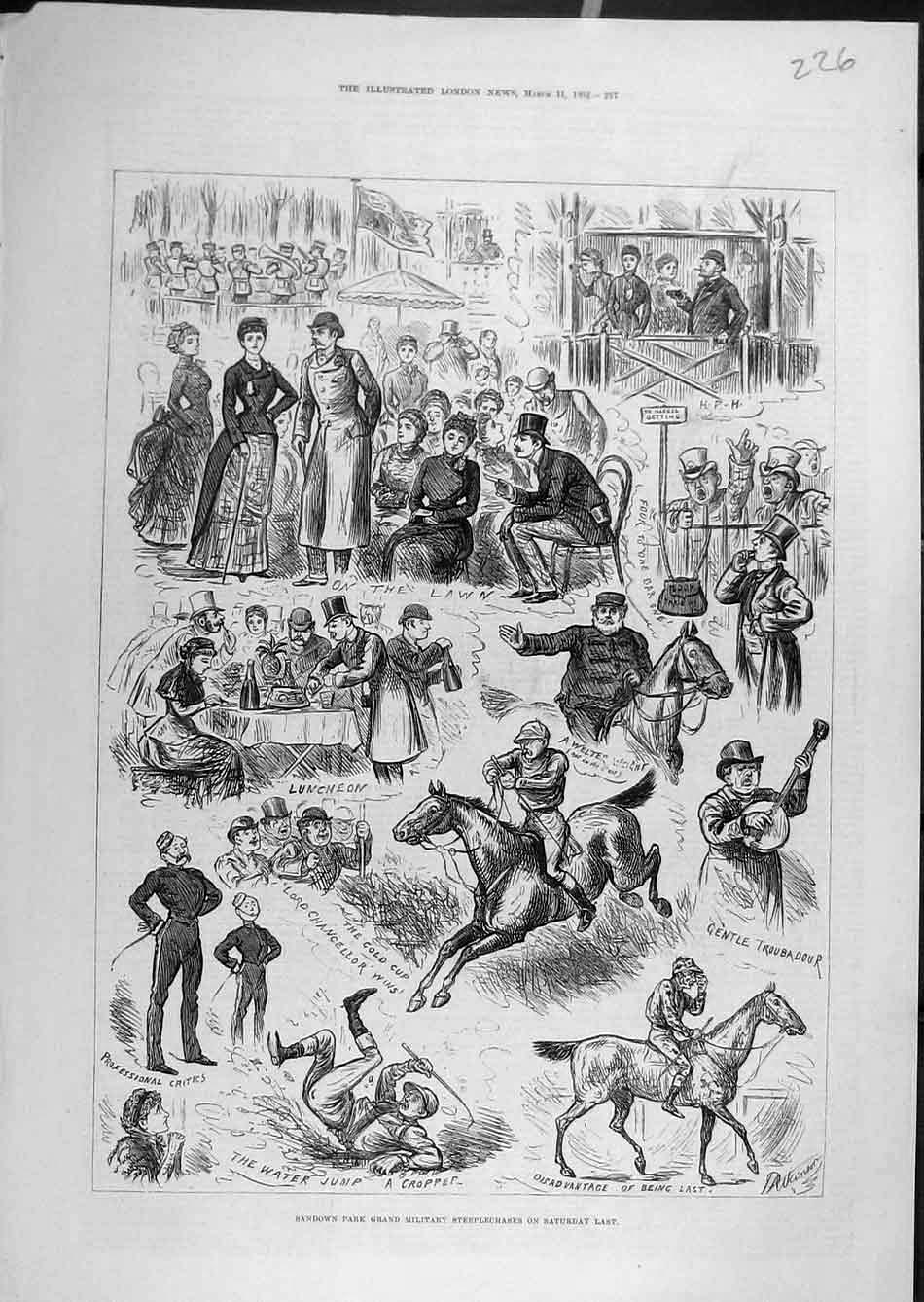 Original Old Antique Print 1882 Sandown Park Military Steeplechase Sketches 19th